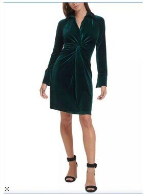 Calvin Klein Green Velvet Long-Sleeve Dress Knot Front Plus Size 18W womens